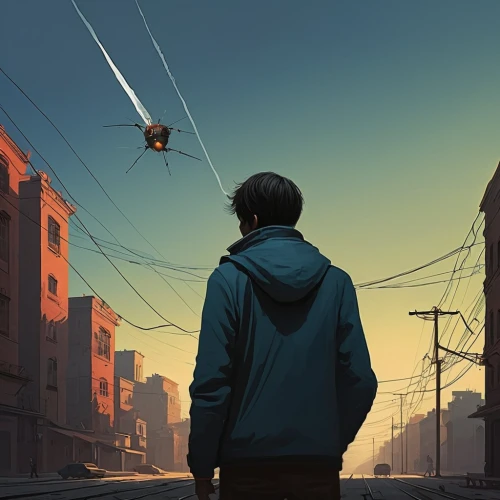 sci fiction illustration,kite flyer,tightrope,artificial fly,kite,perched on a wire,transistor,fly a kite,trajectory,shooting star,flying object,signal,high-wire artist,asteroid,stray,bolt-004,fire kite,pedestrian,a pedestrian,migration,Conceptual Art,Sci-Fi,Sci-Fi 07