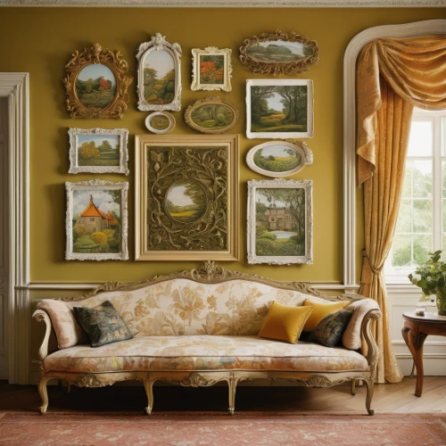 gold stucco frame,interior decor,sitting room,paintings,art nouveau frames,decorative frame,interior decoration,yellow wallpaper,stucco frame,decorative art,antique furniture,art nouveau frame,wall decor,wall decoration,meticulous painting,danish room,chaise lounge,decor,ornate room,art deco frame,Illustration,Realistic Fantasy,Realistic Fantasy 31