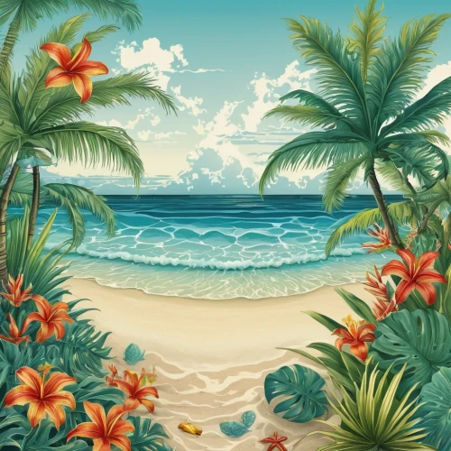 tropical floral background,tropical sea,tropical beach,beach landscape,tropics,beach scenery,ocean paradise,tropical island,dream beach,ocean background,blue hawaii,caribbean beach,beach background,tropic,summer background,south seas,luau,south pacific,tropical bloom,paradise beach,Illustration,Retro,Retro 24