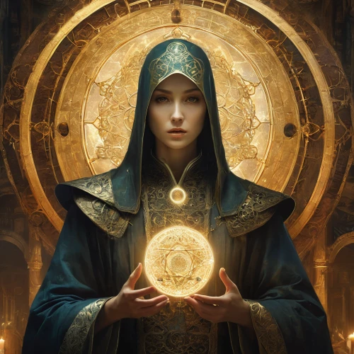 priestess,the prophet mary,sorceress,sacred geometry,seven sorrows,libra,fortune teller,divination,mary-gold,zodiac sign libra,archimandrite,amulet,mystical portrait of a girl,sacred art,eucharistic,metatron's cube,fortune telling,golden candlestick,mage,golden wreath,Conceptual Art,Daily,Daily 11