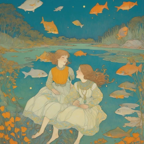 lilly pond,lily pond,vintage fairies,autumn idyll,mermaids,pond,fairies,golden autumn,gold fish,cream of pumpkin soup,the blonde in the river,l pond,floating on the river,the autumn,yellow fish,swan lake,shallows,yellow garden,fishes,idyll,Illustration,Retro,Retro 07