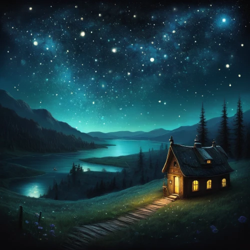 starry sky,starry night,lonely house,home landscape,night scene,the night sky,night stars,little house,night sky,cottage,fantasy picture,small cabin,the cabin in the mountains,fireflies,nightsky,starlight,night image,nightscape,dreamland,world digital painting,Illustration,Abstract Fantasy,Abstract Fantasy 01
