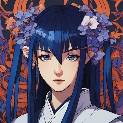 blue petals,hinata,blue flowers,blue flower,gentiana,holding flowers,petals,portrait background,hydrangea background,blossoms,mukimono,fallen petals,floral garland,hamearis lucina,blue hydrangea,spring crown,sakura wreath,blue birds and blossom,lily of the field,flower crown,Illustration,Retro,Retro 05