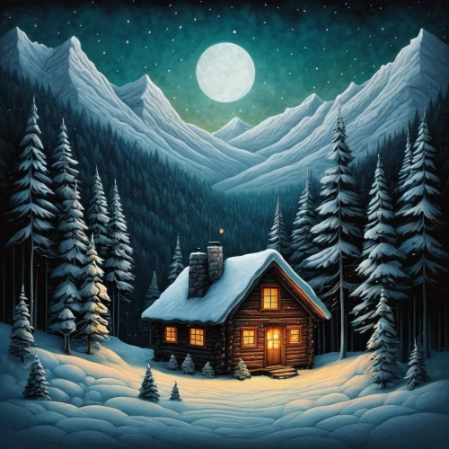 christmas landscape,winter house,christmas snowy background,snow scene,snowhotel,winter background,nordic christmas,snow house,christmas scene,north pole,log cabin,snow landscape,winter landscape,christmasbackground,snowy landscape,the cabin in the mountains,winter village,night snow,winter dream,mountain hut,Illustration,Abstract Fantasy,Abstract Fantasy 19