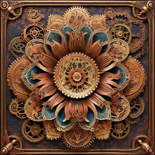 steampunk gears,carved wood,decorative frame,armoire,patterned wood decoration,decorative fan,wood carving,antique background,decorative plate,decorative art,fractals art,floral ornament,wall plate,copper frame,mandala framework,mandala,cuckoo clock,trivet,decorative element,dartboard,Illustration,Realistic Fantasy,Realistic Fantasy 13