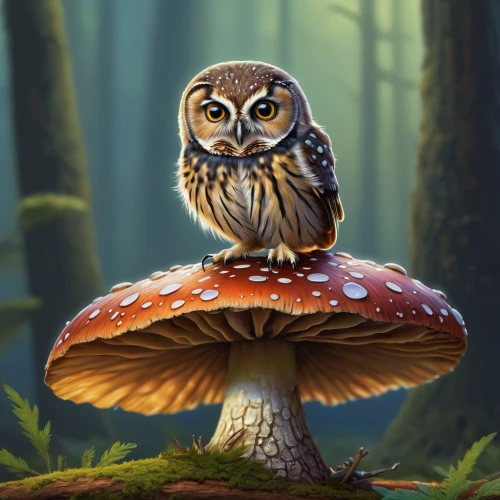 forest mushroom,mushroom landscape,tree mushroom,owl background,owl art,owl,boobook owl,sparrow owl,owl nature,club mushroom,amanita,mushroom type,wild mushroom,agaric,small owl,mushroom,saw-whet owl,champignon mushroom,edible mushroom,spotted-brown wood owl,Conceptual Art,Sci-Fi,Sci-Fi 21