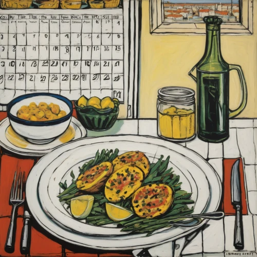 david bates,placemat,kitchen table,still life with onions,the dining board,bistro,breakfast table,still-life,bistrot,still life,summer squash,small plate,summer still-life,yellow beets,leittafel,diner,food table,dining,recipe book,recipes,Art,Artistic Painting,Artistic Painting 01