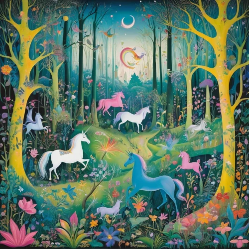 unicorn background,unicorn art,fairy forest,enchanted forest,forest animals,unicorns,woodland animals,fairy world,forest of dreams,spring unicorn,unicorn,fairytale forest,unicorn and rainbow,elven forest,forest background,children's background,horses,children's fairy tale,fairy village,whimsical animals,Art,Artistic Painting,Artistic Painting 33