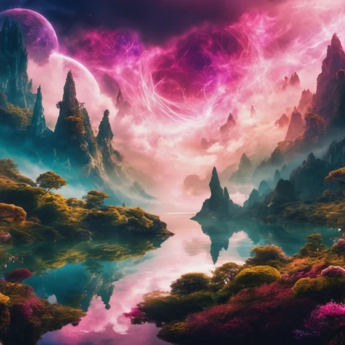 fantasy landscape,purple landscape,alien world,fantasy picture,fractal environment,alien planet,vast,3d fantasy,vapor,futuristic landscape,unicorn background,fairy world,mushroom landscape,nebula,fantasy art,fairy galaxy,dream world,fantasy world,acid lake,space art,Illustration,Realistic Fantasy,Realistic Fantasy 37