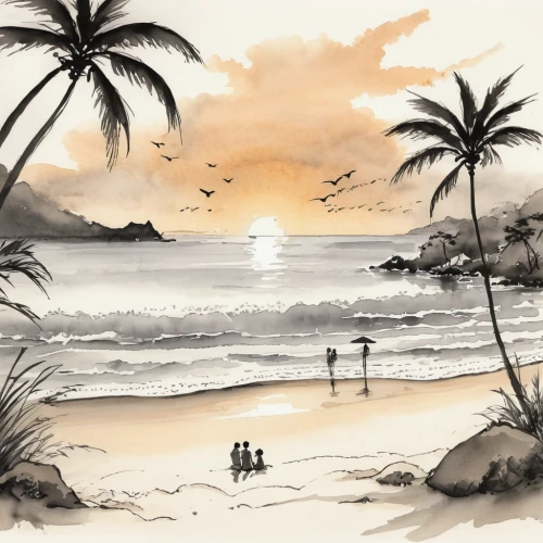 beach landscape,watercolor palm trees,beach scenery,sunset beach,coconut trees,sunrise beach,people on beach,digiscrap,dream beach,beach goers,tropical beach,beach background,tropical sea,paradise beach,south pacific,umbrella beach,south seas,castaway beach,coconut palms,summer beach umbrellas,Illustration,Paper based,Paper Based 30