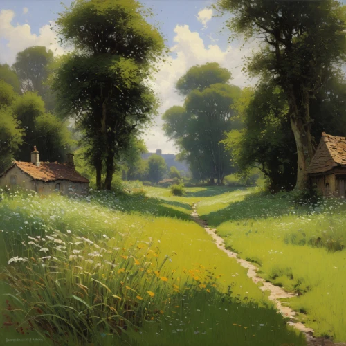 rural landscape,meadow landscape,home landscape,farm landscape,dutch landscape,green landscape,village scene,green meadow,countryside,meadows,salt meadow landscape,green meadows,spring morning,summer meadow,forest landscape,meadow rues,green fields,meadow and forest,landscape,idyll,Art,Classical Oil Painting,Classical Oil Painting 32