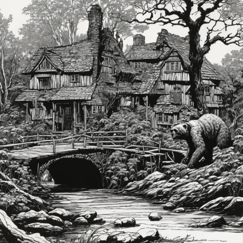 david bates,popeye village,water mill,robert duncanson,brook landscape,monkey island,the brook,witch's house,old mill,the ugly swamp,the victorian era,swampy landscape,primeval times,mud village,lincoln's cottage,environmental destruction,pencil drawings,destroyed houses,escher village,old home,Conceptual Art,Daily,Daily 09