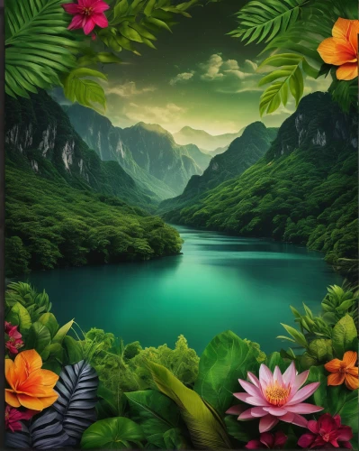 tropical floral background,landscape background,background view nature,river landscape,nature landscape,spring leaf background,green landscape,lilies of the valley,forest background,tropical greens,flowers png,green waterfall,flower background,tropical bloom,landscape nature,world digital painting,forest landscape,green trees with water,green forest,fantasy landscape