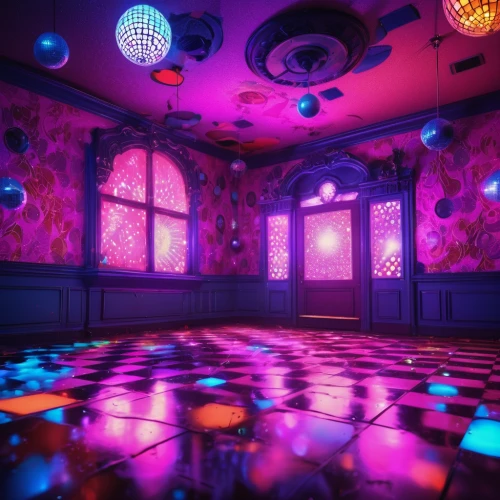 nightclub,disco,ballroom,ufo interior,3d render,dance club,disco ball,cinema 4d,ornate room,playing room,retro diner,party decoration,3d background,party lights,piano bar,dance pad,unique bar,floors,party decorations,colored lights,Illustration,Realistic Fantasy,Realistic Fantasy 38