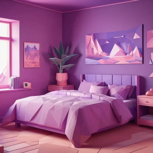 bedroom,soft pastel,modern room,low poly,pastel colors,purple landscape,sleeping room,guest room,children's bedroom,low-poly,room,mauve,soft furniture,the little girl's room,purple and pink,morning light,boy's room picture,pastels,one room,3d render,Unique,3D,Low Poly