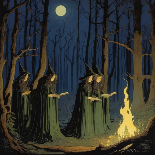 witches,druids,celebration of witches,witches' hats,halloween ghosts,halloween bare trees,walpurgis night,the night of kupala,the three magi,dance of death,three wise men,witch house,halloween illustration,kate greenaway,the three graces,vintage halloween,the three wise men,paganism,haunted forest,forest workers,Illustration,Retro,Retro 07