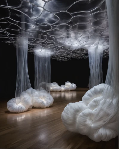 cloud mushroom,mushroom landscape,ufo interior,paper clouds,sea jellies,ghost forest,glacier cave,ice cave,club mushroom,environmental art,jellyfishes,jellyfish,fairy forest,installation,stalactite,cloud play,flying seeds,forest of dreams,sleeping room,panoramical,Photography,Artistic Photography,Artistic Photography 04