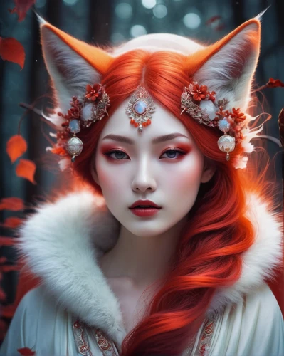 kitsune,fantasy portrait,faery,faerie,fantasy art,redfox,fantasy picture,red fox,mystical portrait of a girl,fairy queen,fae,red riding hood,fantasy woman,fairy tale character,fox,the enchantress,firestar,cute fox,sorceress,garden-fox tail,Illustration,Realistic Fantasy,Realistic Fantasy 15