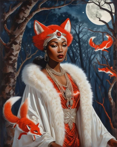 red riding hood,fantasy portrait,little red riding hood,fantasy art,kitsune,fantasy picture,shamanic,fantasy woman,pocahontas,shamanism,sorceress,priestess,huntress,warrior woman,the enchantress,fantasia,fox,fairy tale character,african american woman,khokhloma painting,Illustration,Realistic Fantasy,Realistic Fantasy 21
