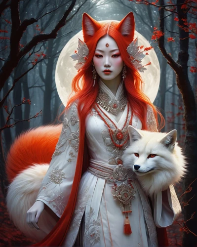 kitsune,red riding hood,little red riding hood,fantasy picture,redfox,fantasy art,nine-tailed,fantasy portrait,red fox,white cat,foxes,priestess,fox,fairy tale character,little fox,sorceress,cute fox,the enchantress,faerie,shamanic,Illustration,Realistic Fantasy,Realistic Fantasy 05