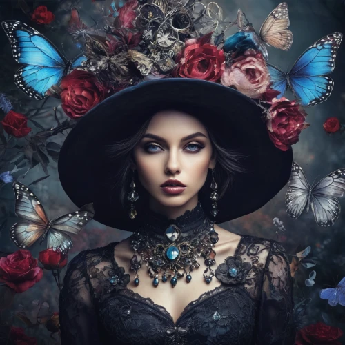 gothic fashion,fantasy portrait,gothic portrait,victorian lady,blue butterfly,gothic woman,faery,mazarine blue butterfly,fairy queen,faerie,fantasy art,gothic style,vanessa (butterfly),blue hydrangea,blue butterfly background,mystical portrait of a girl,black rose,blue enchantress,fantasy picture,the hat of the woman,Illustration,Abstract Fantasy,Abstract Fantasy 14