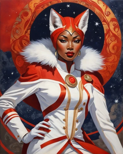 scarlet witch,kitsune,darth talon,queen of hearts,fantasy woman,red riding hood,suit of the snow maiden,red chief,firestar,sorceress,the snow queen,christmas woman,cayenne,red coat,star mother,horoscope taurus,fantasy portrait,capricorn kitz,lady in red,priestess,Illustration,Realistic Fantasy,Realistic Fantasy 21