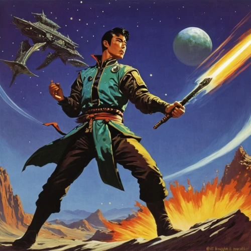 violinist violinist of the moon,heroic fantasy,sci fiction illustration,boba fett,swordsman,the wanderer,quarterstaff,laser sword,lando,cg artwork,star-lord peter jason quill,thermal lance,wind warrior,pathfinders,vulcan,alien warrior,dragon slayer,luke skywalker,fantasy warrior,patrol,Conceptual Art,Sci-Fi,Sci-Fi 14