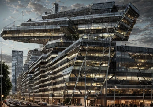 futuristic architecture,barangaroo,autostadt wolfsburg,hudson yards,solar cell base,kirrarchitecture,futuristic art museum,multistoreyed,modern architecture,office buildings,glass facade,urban towers,building honeycomb,glass building,arq,3d rendering,arhitecture,skyscapers,multi storey car park,urban development