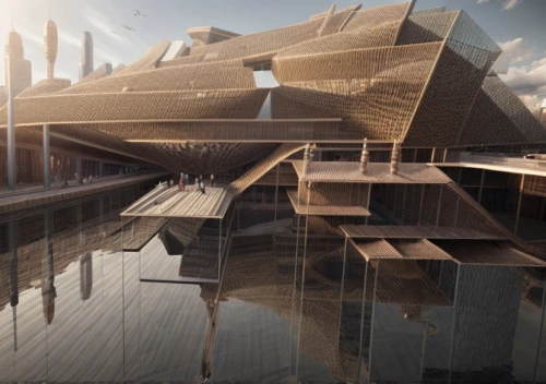 futuristic art museum,cube stilt houses,futuristic architecture,3d rendering,render,very large floating structure,autostadt wolfsburg,archidaily,kirrarchitecture,floating huts,sky space concept,3d render,moveable bridge,japanese architecture,asian architecture,stilt houses,concrete ship,transport hub,arq,solar cell base