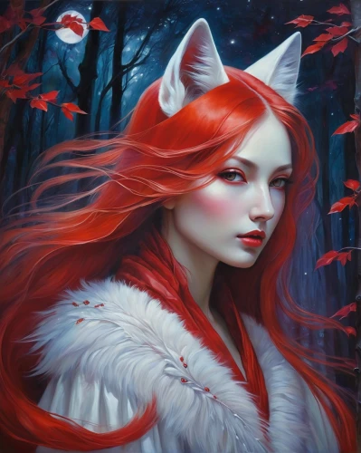 red riding hood,kitsune,fantasy portrait,little red riding hood,redfox,fantasy art,red fox,cheshire,fantasy picture,howling wolf,the fur red,red cat,lynx,constellation wolf,mystical portrait of a girl,fox,the snow queen,red chief,faery,faerie,Illustration,Realistic Fantasy,Realistic Fantasy 30