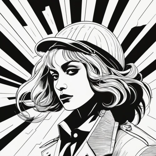 clementine,comic halftone woman,comic style,pop art style,retro woman,pop art woman,the hat-female,retro girl,baseball cap,hat retro,pop art girl,retro women,cool pop art,gyro,mono line art,girl wearing hat,beatnik,girl-in-pop-art,girl with a gun,art deco woman,Illustration,Vector,Vector 11