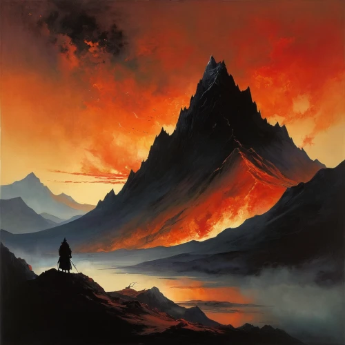 fire mountain,volcano,volcanic landscape,volcanic,thermokarst,mountain sunrise,fire in the mountains,lava,volcanism,volcanic field,volcanos,the volcano,the spirit of the mountains,mountain scene,eruption,guards of the canyon,volcanoes,stratovolcano,lava dome,arête,Illustration,Realistic Fantasy,Realistic Fantasy 16