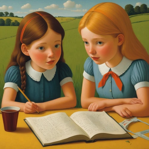 children studying,child with a book,two girls,little girl reading,readers,girl studying,school children,child's diary,book illustration,the girl studies press,grant wood,childrens books,tutor,reading,e-book readers,cloves schwindl inge,a collection of short stories for children,children girls,little girls,children learning,Art,Artistic Painting,Artistic Painting 30