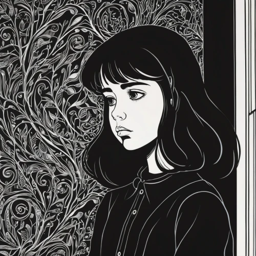 woodcut,digital illustration,detail shot,hand-drawn illustration,frame illustration,digital drawing,art nouveau,worried girl,cool woodblock images,mono line art,the girl studies press,portrait of a girl,shirakami-sanchi,line-art,ghost girl,lineart,mari makinami,mystical portrait of a girl,woodblock prints,clementine,Illustration,Black and White,Black and White 21