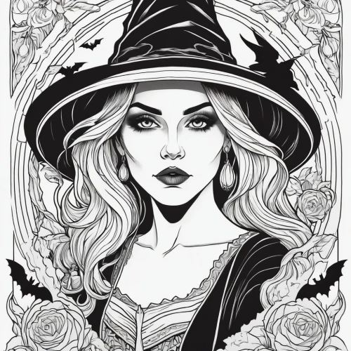 witch,halloween line art,halloween illustration,halloween witch,witch hat,sorceress,witch's hat,witch's hat icon,coloring page,witches,the witch,halloween poster,witch broom,celebration of witches,vampira,witches' hats,witches hat,vector illustration,coloring pages,hand-drawn illustration,Illustration,Black and White,Black and White 12