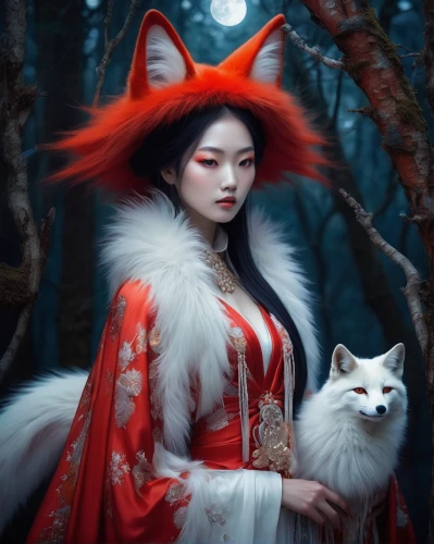 kitsune,red riding hood,little red riding hood,fantasy picture,fantasy portrait,red coat,fantasy art,mystical portrait of a girl,fox,red fox,howling wolf,redfox,akita inu,inari,foxes,fairy tale character,samoyed,oriental princess,white cat,nine-tailed,Illustration,Realistic Fantasy,Realistic Fantasy 05