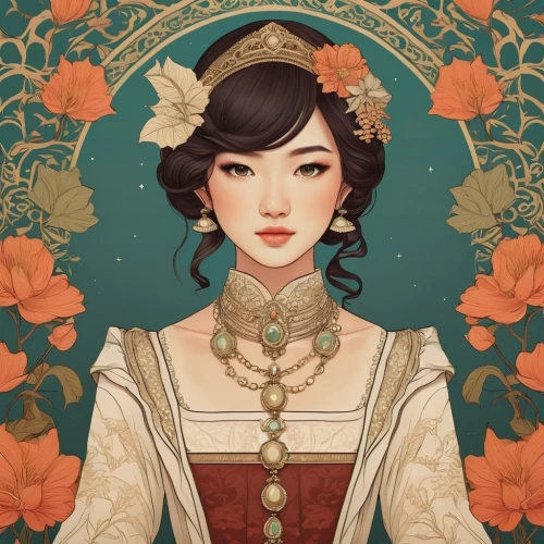 jasmine blossom,victorian lady,vintage girl,vintage woman,fantasy portrait,rosa ' amber cover,oriental princess,geisha girl,geisha,jasmine,rose flower illustration,oriental girl,hanbok,flora,japanese floral background,vintage asian,eglantine,jasmine flower,vintage floral,game illustration,Illustration,Japanese style,Japanese Style 15