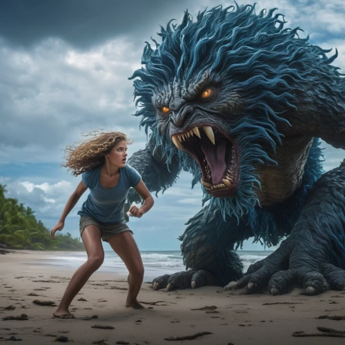 she feeds the lion,kong,werewolf,king kong,digital compositing,little girl running,child monster,dragon of earth,stone lion,sci fiction illustration,werewolves,godzilla,to roar,blue monster,photoshop manipulation,studio ghibli,roaring,mowgli,two lion,monster,Photography,General,Natural