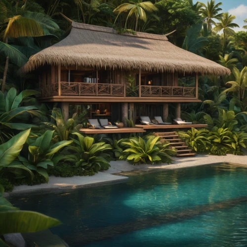 tropical house,holiday villa,tropical island,over water bungalow,floating huts,over water bungalows,fiji,tahiti,moorea,tropical beach,cabana,pool house,seychelles,floating islands,beach resort,luxury property,tropical greens,bora-bora,secluded,tropics