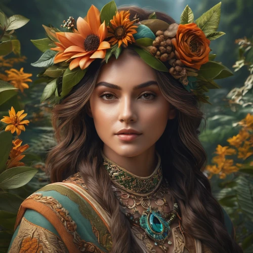 beautiful girl with flowers,fantasy portrait,elven flower,floral wreath,wreath of flowers,girl in flowers,flora,romantic portrait,artemisia,vanessa (butterfly),celtic queen,girl in a wreath,flower crown,blooming wreath,spring crown,flower wreath,golden flowers,portrait background,splendor of flowers,fantasy art