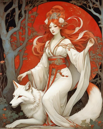 kitsune,mucha,rusalka,capricorn mother and child,dryad,red riding hood,white shepherd,faun,priestess,druids,white lady,faerie,fantasy art,sorceress,spring equinox,rose white and red,oriental princess,nine-tailed,the enchantress,white rose snow queen,Illustration,Retro,Retro 03