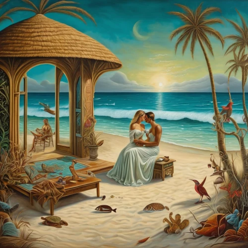 romantic scene,fantasy picture,honeymoon,beach restaurant,beach landscape,loving couple sunrise,idyll,lover's beach,adam and eve,mermaid background,garden of eden,orientalism,beach background,romantic portrait,wedding couple,south pacific,dream beach,fantasy art,christmas on beach,romantic night,Illustration,Realistic Fantasy,Realistic Fantasy 40