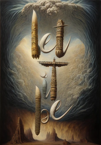 ringed-worm,coils,horn of amaltheia,pan flute,coil,wind instruments,runes,ankh,equilibrium,shofar,lyre,pall-bearer,musical instruments,celtic harp,trumpet of jericho,cutworms,dead sea scroll,surrealism,surrealistic,scrolls,Calligraphy,Painting,Mythicism