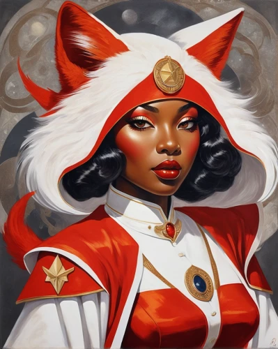 kitsune,scarlet witch,red riding hood,redfox,red coat,desert fox,red fox,little red riding hood,fox,queen of hearts,foxes,cayenne,fantasy portrait,sorceress,white fur hat,sand fox,red chief,a fox,fire red eyes,cheshire,Illustration,Realistic Fantasy,Realistic Fantasy 21