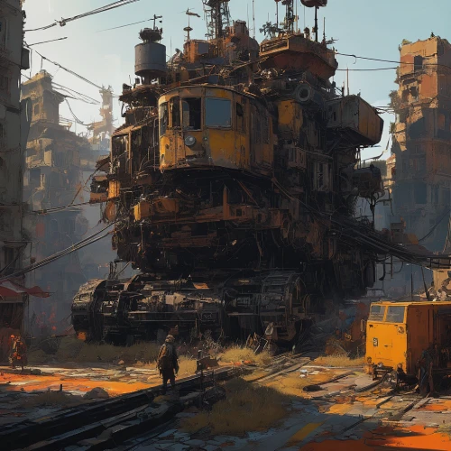 wasteland,junkyard,scrap yard,scrapyard,industrial landscape,post-apocalyptic landscape,post apocalyptic,ship yard,industrial ruin,salvage yard,destroyed city,slums,excavators,yellow machinery,ship wreck,industrial,junk yard,refinery,industries,junk,Conceptual Art,Sci-Fi,Sci-Fi 01