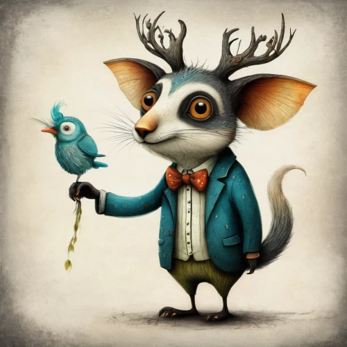 whimsical animals,anthropomorphized animals,musical rodent,titmouse,fairy tale character,twitter bird,animals play dress-up,fairytale characters,cute cartoon character,pere davids deer,conductor,aristocrat,bird bird-of-prey,mice,vintage mice,bird illustration,jackalope,anthropomorphized,chirp,whimsical,Illustration,Abstract Fantasy,Abstract Fantasy 01