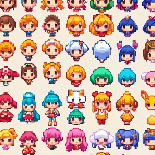 game characters,pixel cells,facebook pixel,pixels,japanese icons,pixel art,characters,pixel,people characters,8bit,hairstyles,pixel cube,rainbow color palette,pixaba,macaron pattern,redheads,crown icons,multicolor faces,baby icons,game character,Illustration,Japanese style,Japanese Style 02