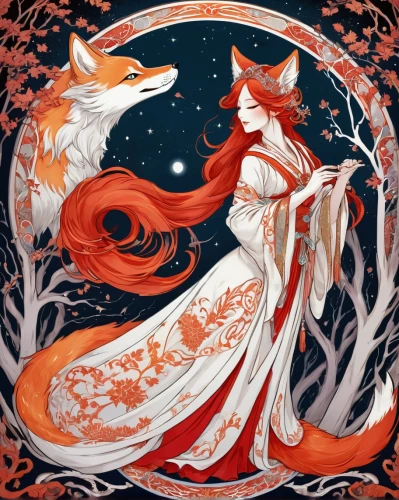 kitsune,koi,koi fish,koi carp,flame spirit,orange blossom,rusalka,artemis,sorceress,constellation wolf,koi pond,constellation swan,the zodiac sign pisces,zodiac sign gemini,constellation unicorn,fire siren,horoscope pisces,virgo,nami,cassiopeia,Illustration,Retro,Retro 13