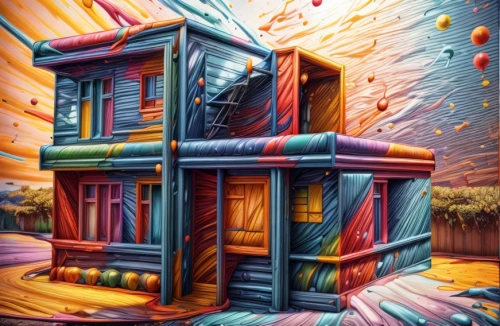 crooked house,playhouse,cube house,psychedelic art,house painting,illusion,kaleidoscope art,crispy house,colored pencil background,children's playhouse,dimensional,tetris,color pencil,jukebox,colourful pencils,syringe house,apartment house,3d fantasy,ancient house,graffiti art