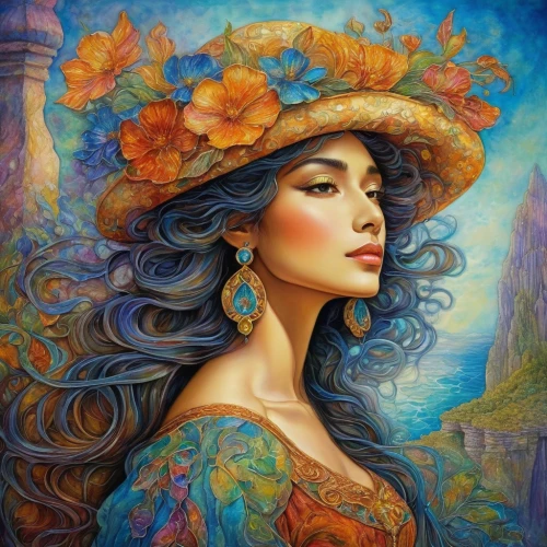 boho art,the hat of the woman,girl in flowers,fantasy art,the hat-female,woman's hat,gypsy soul,oil painting on canvas,beautiful bonnet,fantasy portrait,mystical portrait of a girl,beautiful girl with flowers,art painting,splendor of flowers,pachamama,romantic portrait,girl in a wreath,flora,persian poet,oil painting,Illustration,Realistic Fantasy,Realistic Fantasy 05